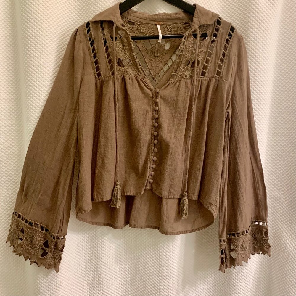 Free People Floral Embroidered Button Down